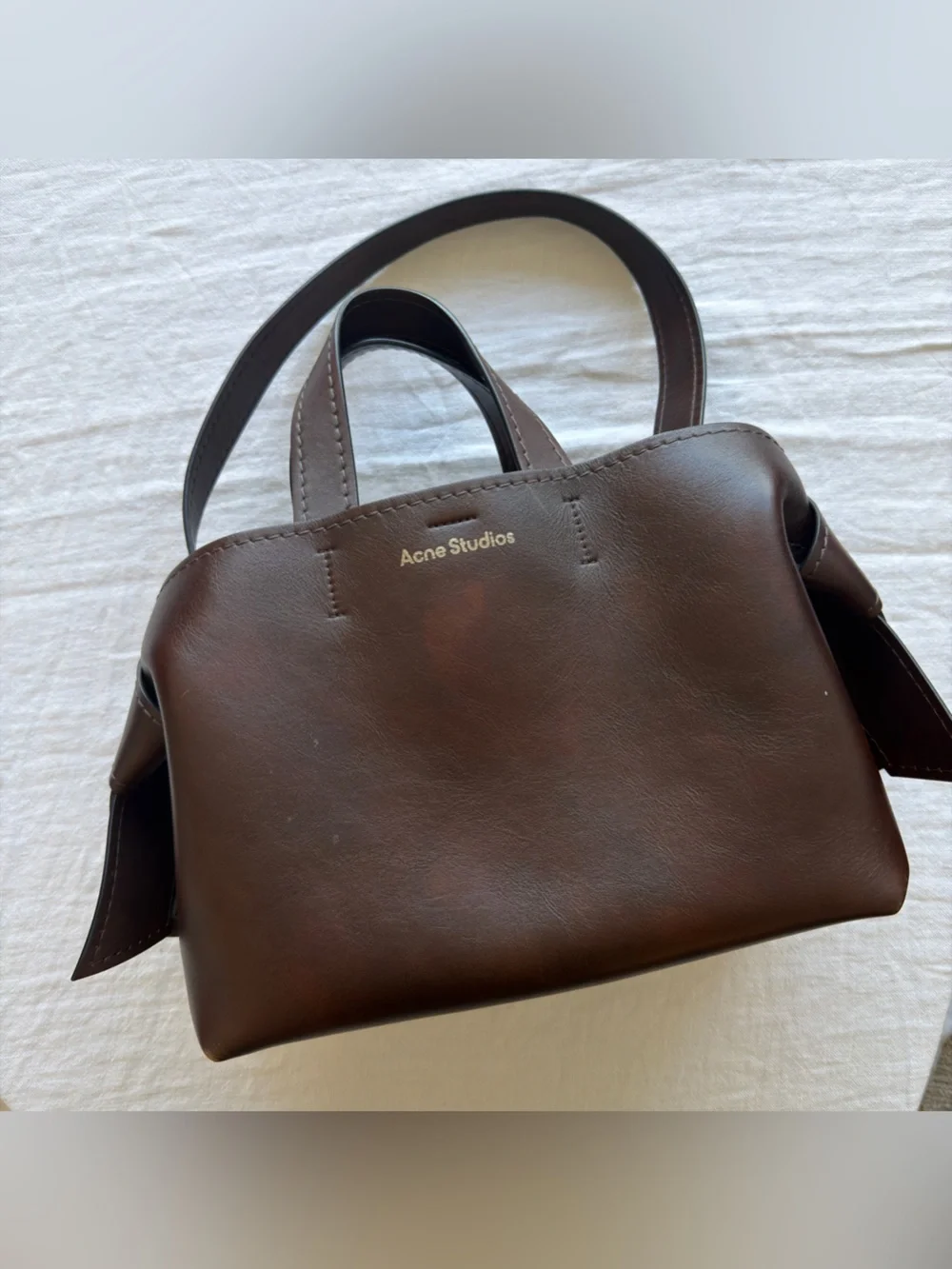 Acne Dark Brown Leather Messenger Bag with Gold Logo